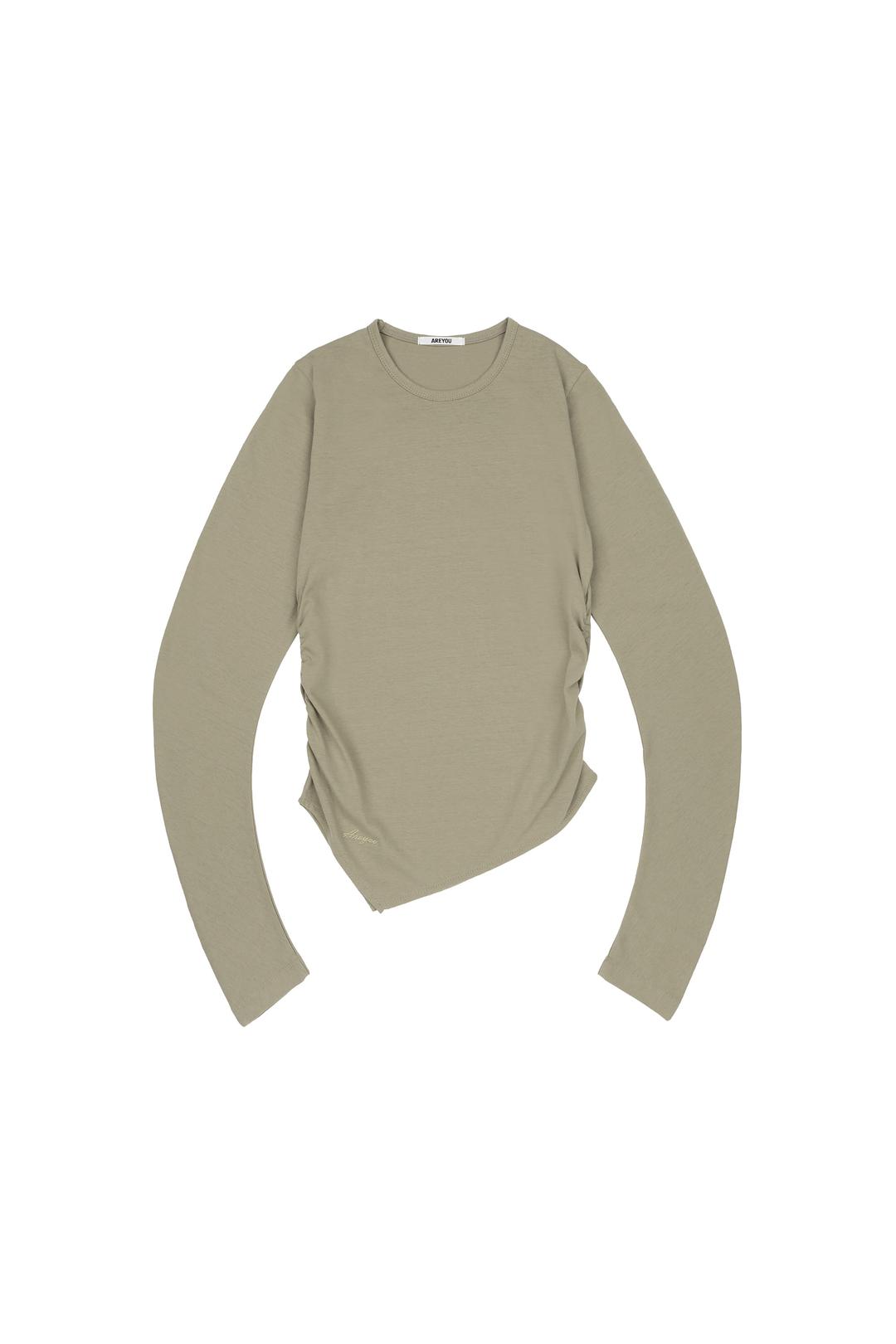 COTTON SHIRRING UNBALANCE SLIM T SHIRT, LIGHT KHAKI