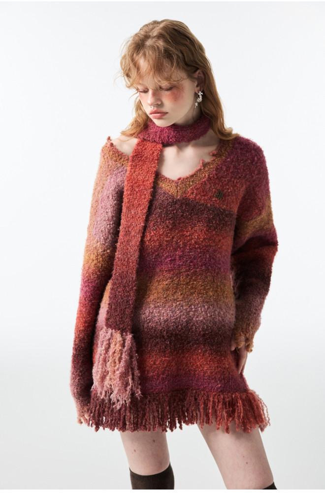 [1JINN STUDIO 원진스튜디오] 빈티지 울 니트 스웨터 머플러 세트 그라데이션