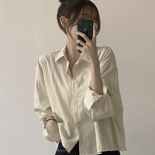 [리뷰대만족/반응폭주!/여름까지~] 츄러스 파스텔 베이직 스트라이프 단가라 세미 크롭 긴팔 셔츠 기본 남방 5color