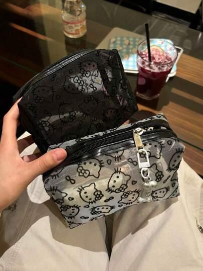 Sanrio 1pc Kitty Flocked & Mesh Portable Cosmetic Bag, Large Capacity Makeup Storage Pouch, Practical For Outdoor Use
