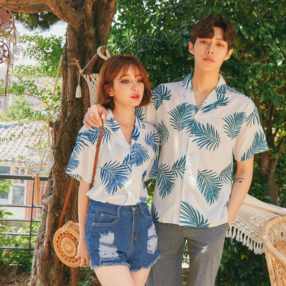 화이트 린넨 야자수 하와이안셔츠 남여공용 커플룩