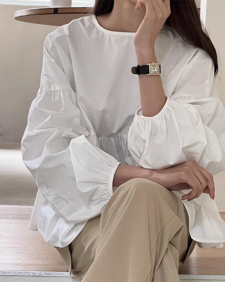 여성스런 셔츠 블라우스 긴팔 볼륨 코튼 아방 에이라인 셔링블라우스(80577)