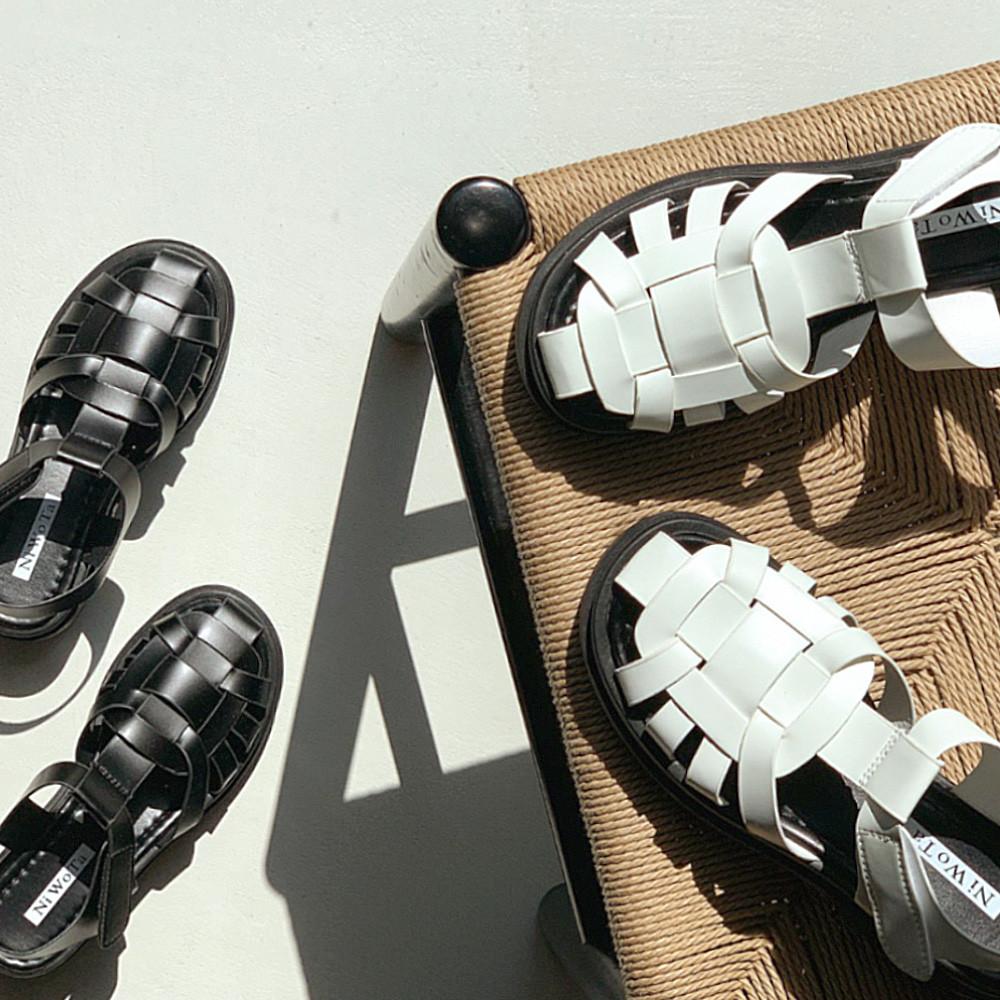 T스트랩 위빙 꼬임 키높이 통굽 벨크로 피셔맨 샌들