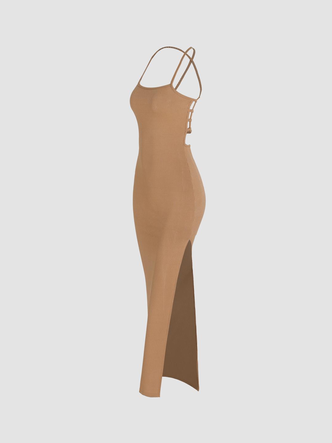 Rib Slit Knotted Backless Cami Dress