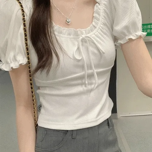 U넥 리본 프릴 퍼프 탑