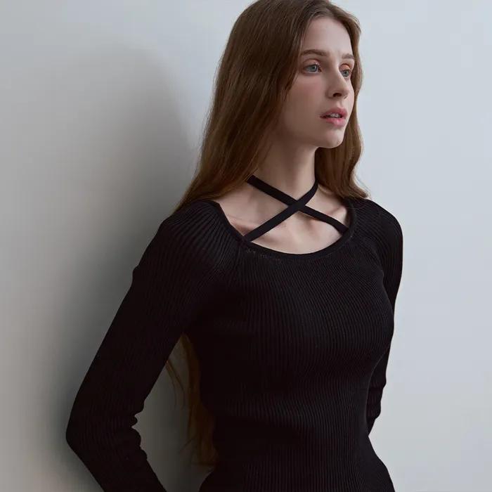 리본스트랩 골지 풀오버-블랙