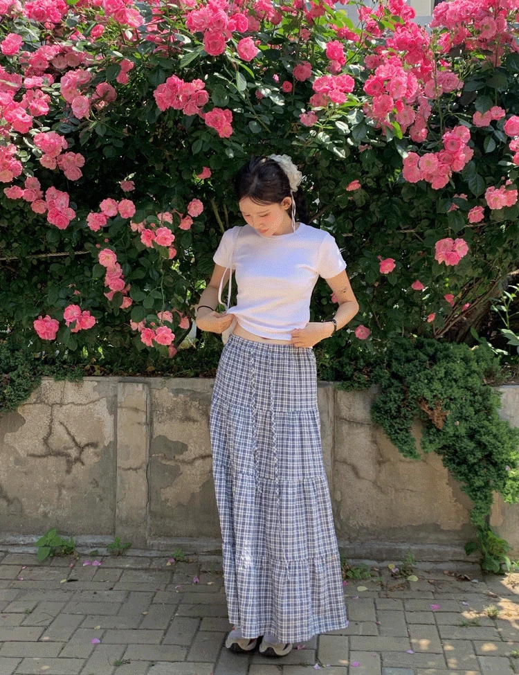 [블루당일] [5차] 캉캉 체크 밴딩 롱스커트(2color)