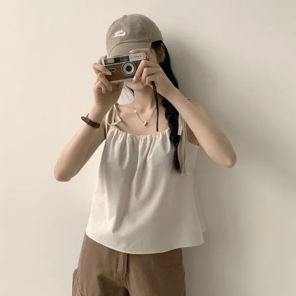 [여리여리~/청순무드] 러블리 한스푼, 린넨 셔링 리본 끈나시 블라우스 (3color)