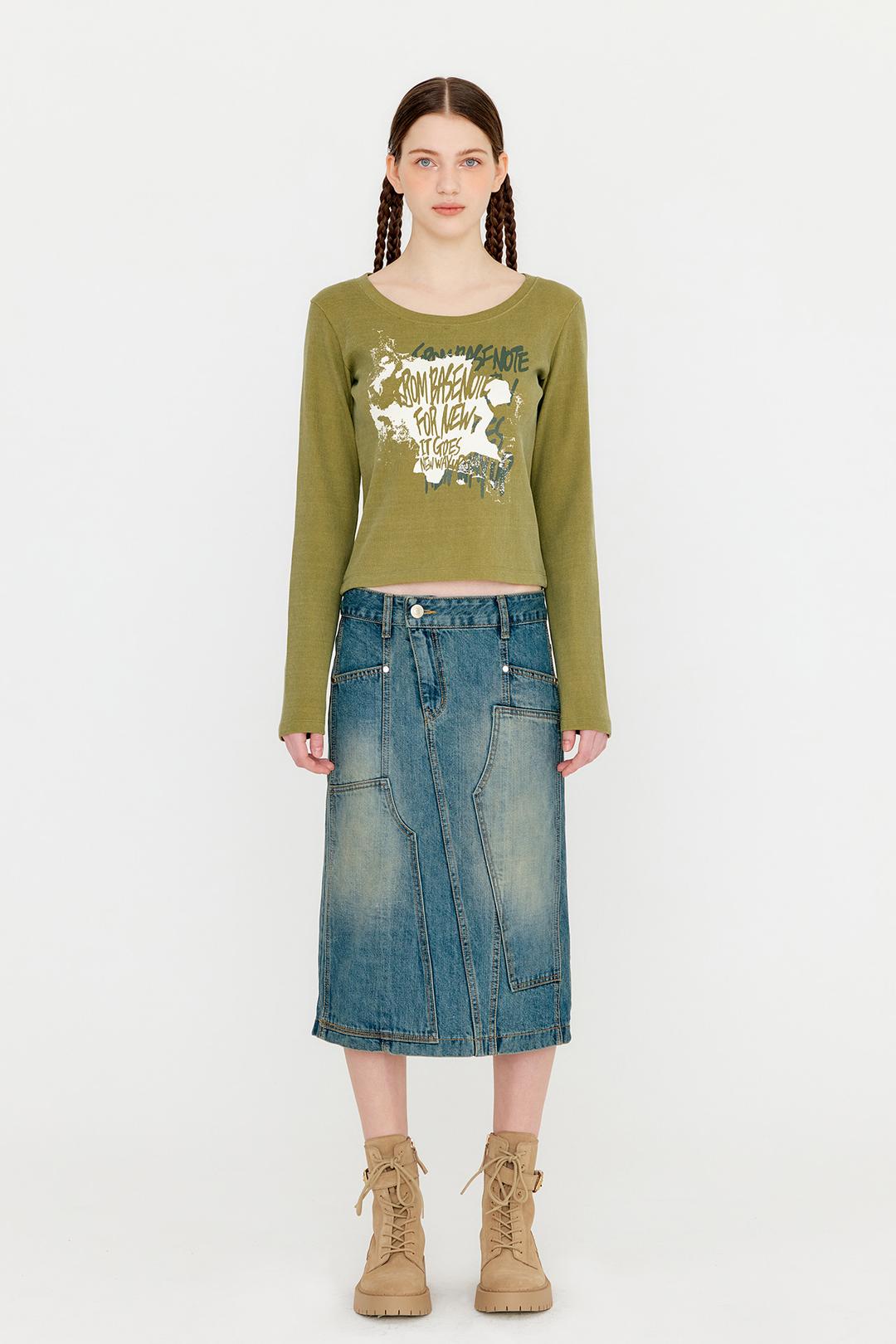 PANELED VINTAGE WASHING MIDI DENIM SKIRT - INDIGO