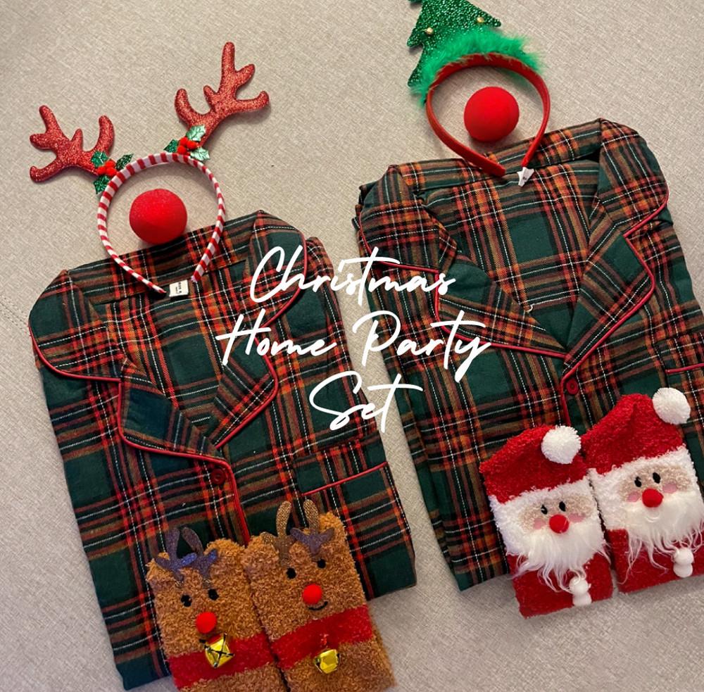 라벨르오브 크리스마스 머리띠+루돌프코 체크 파자마 세트 커플 신혼부부 홈파티 홈웨어 잠옷