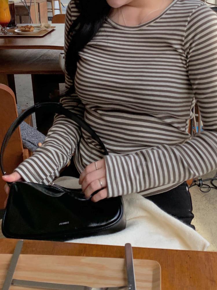 체이스 스트라이프 라운드넥 긴팔 티셔츠(카키)