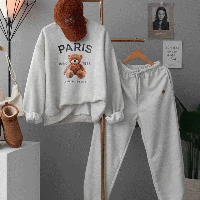 [기모세트/맨투맨+2way스트링팬츠] 기모파리곰돌이+스트링팬츠SET