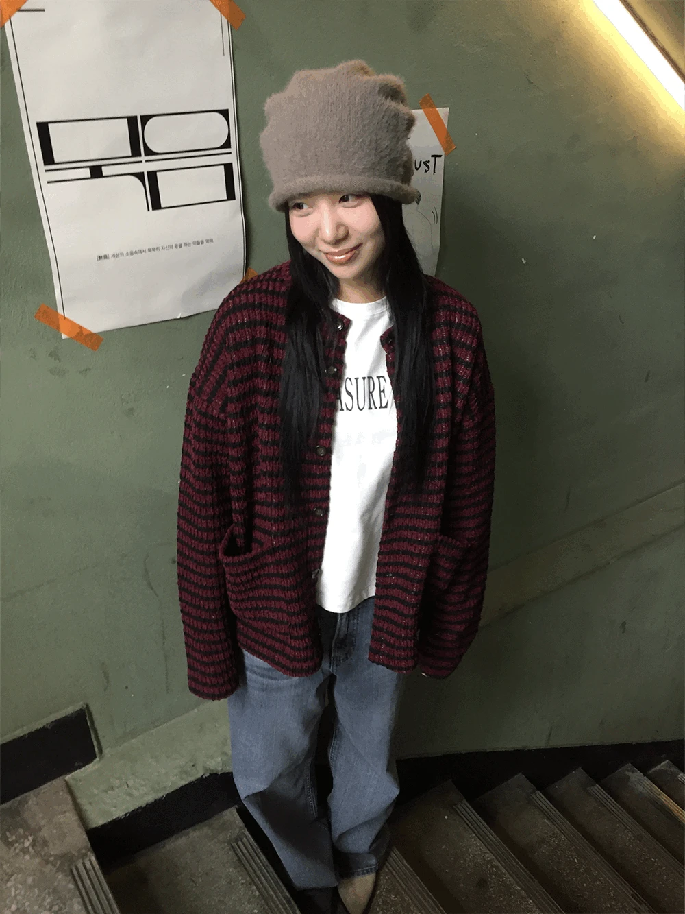 수르 오버핏 배색 단추 가디건 (2c)