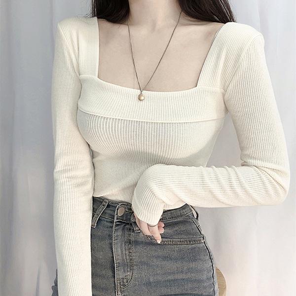 심쿵 여리여리 스퀘어넥 니트 골지티 3col