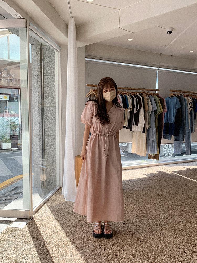 썸머 스트링 세라넥 반팔 원피스 - 핑크