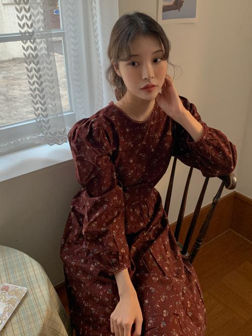 MAGENTA FLOWER LACE NECK LONG DRESS(MUSTARD, BLUISH GREEN, BURGUNDY 3COLORS!)