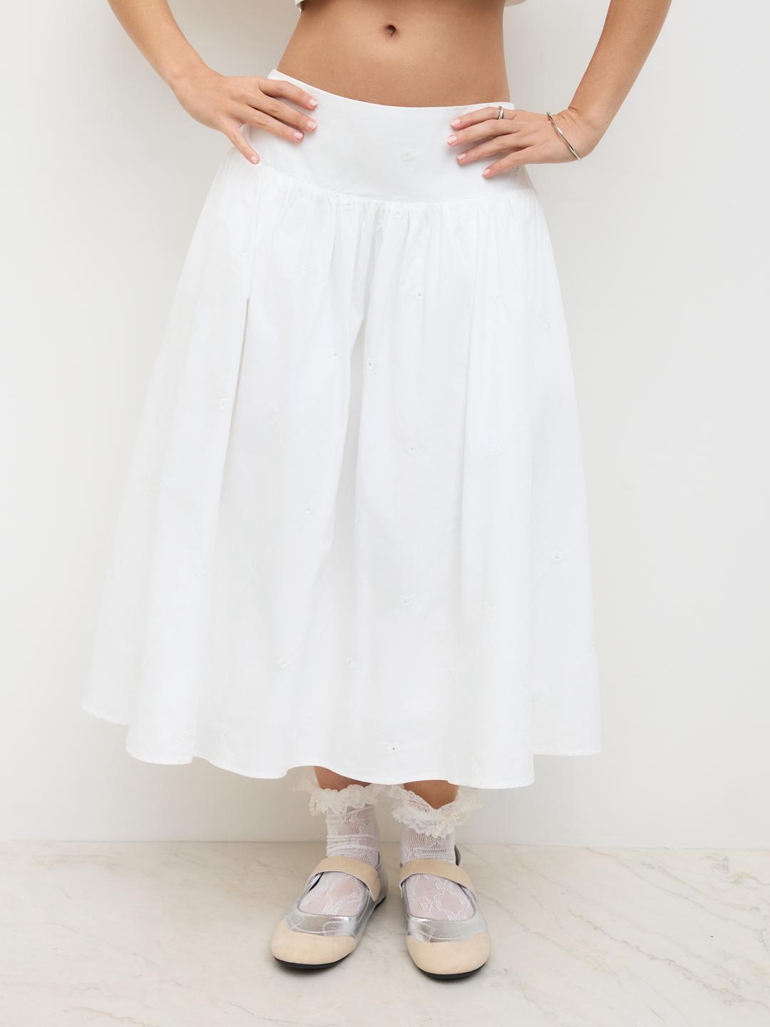 Cotton Mid Rise Floral Embroidery Midi Skirt