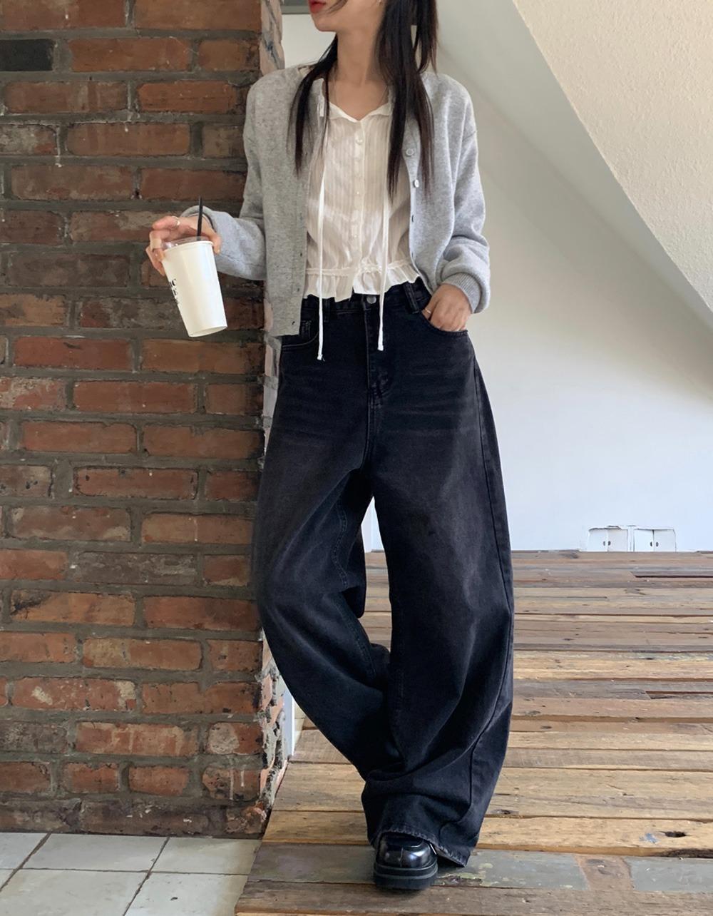 오브나인 [흑청S 당일]사이드 핀 와이드 denim