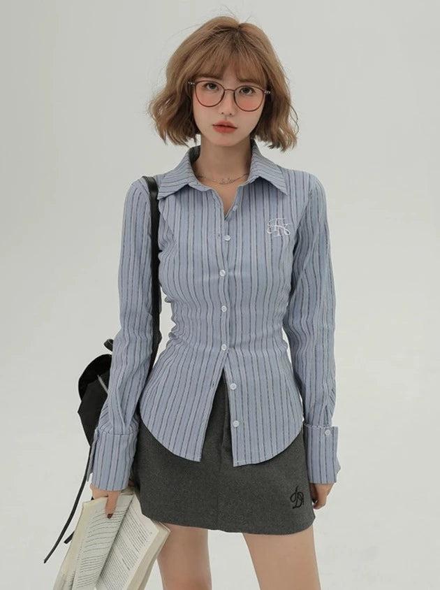 아메리칸 컬리지 스타일 스트라이프 슬림 웨이스트 셔츠