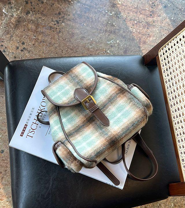 베이커 타탄 체크 클래식 울 모직 가을 겨울 사이드 포켓 버클 미니 백팩