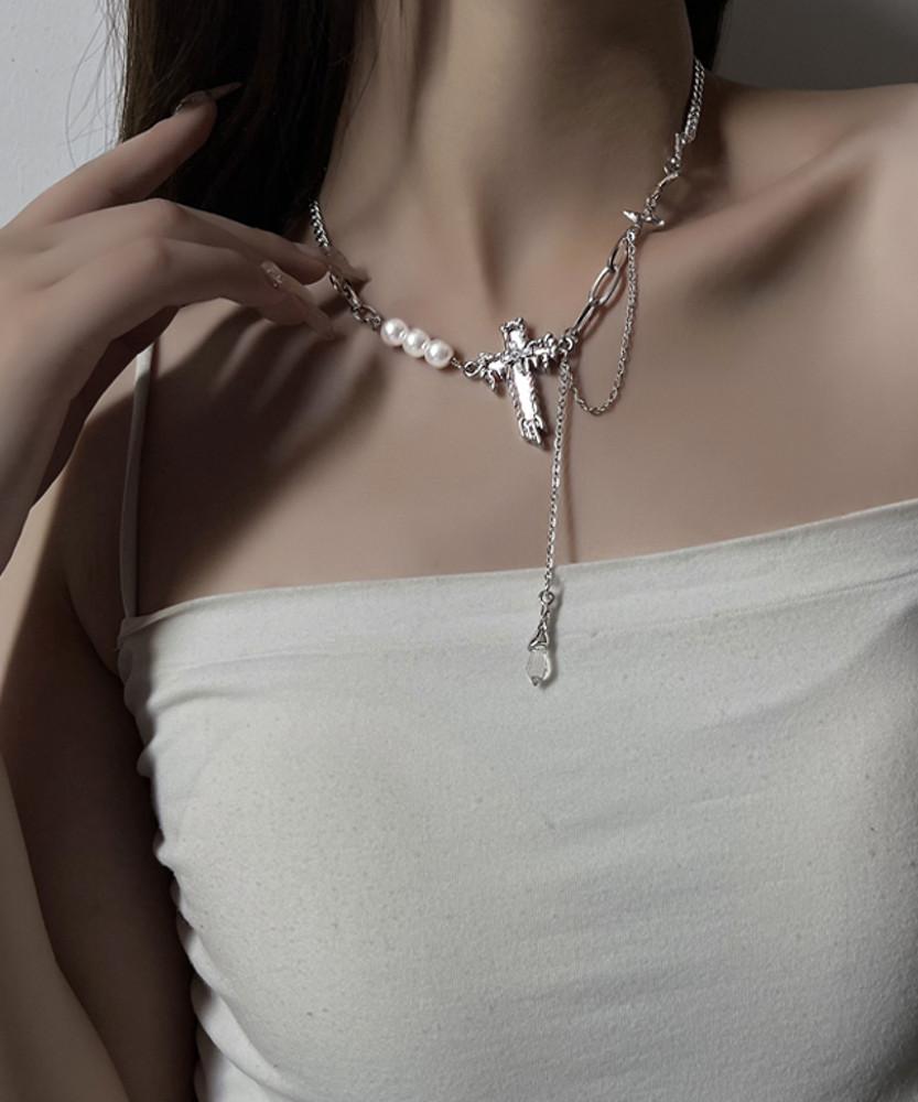 (당일배송) 핑크 십자가 진주 문스톤 잼스톤 드롭 레이어드 러블리 힙한 유행하는 목걸이