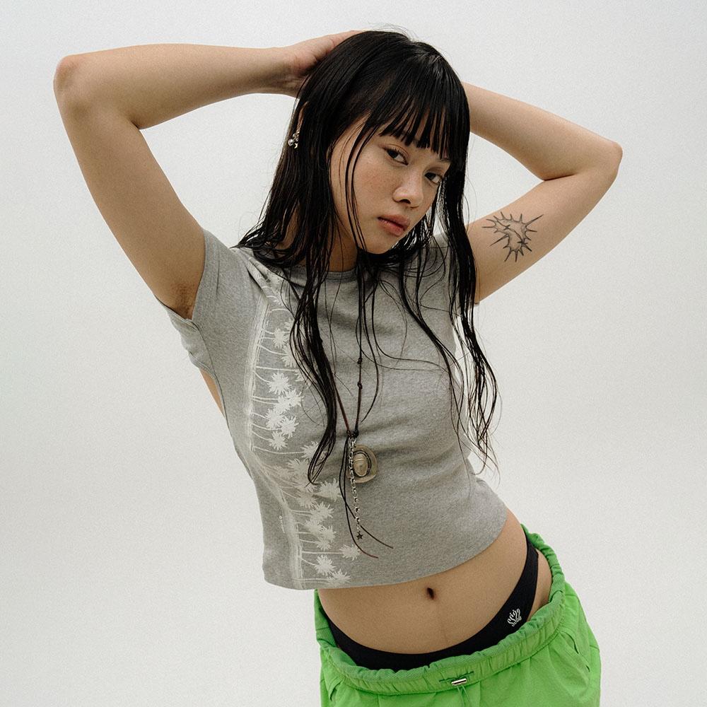 PALM TREE BACKLESS T-SHIRT_MELANGE GREY