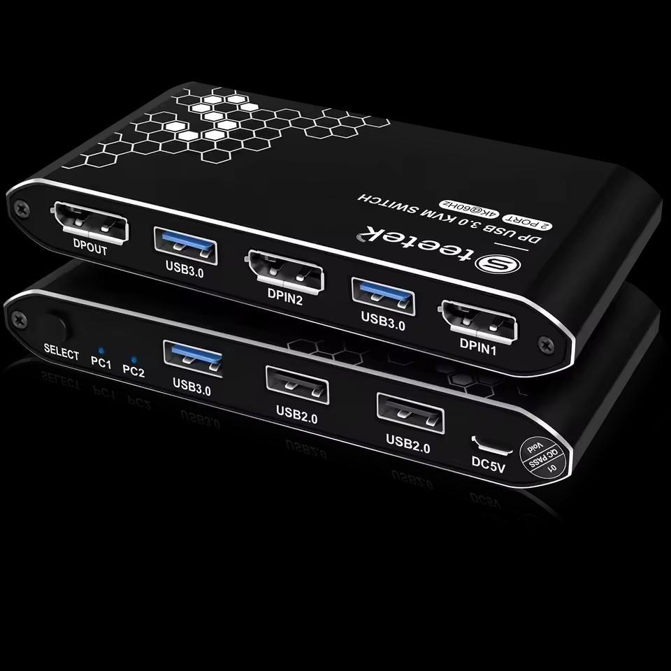 DP KVM Switch, 2 Ports, 4K@60Hz Resolution, Enabling Two Computers to Share One or Dual Monitors, HDCP 2.2 & USB Cables Provided