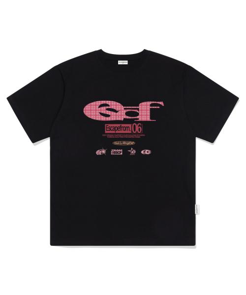 핑크 체크 ESCF 로고 콜라주 프린트 오버핏 반팔티 블랙