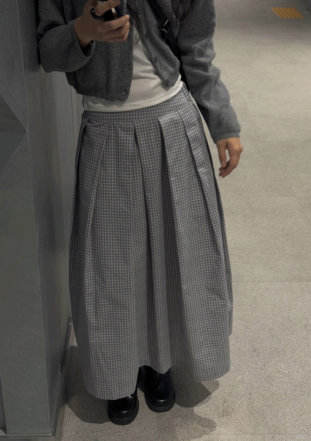 네이리 체크 핀턱 롱 스커트 (2ccol) 스카이블루 아이보리