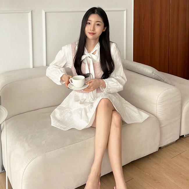 마마시타 [🎀/고퀄쟈가드소재/여성스런실루엣/데이트/하객룩💍/여리원피스/타이원피스] 릴밍 타이 미니 끈 셔링 원피스