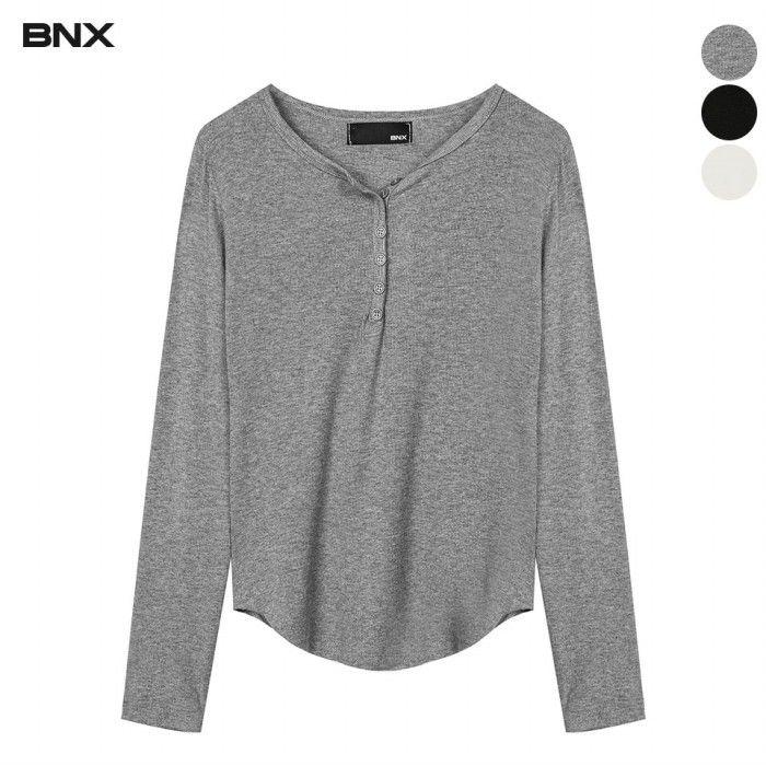 여성 단추 골지 긴팔 티셔츠