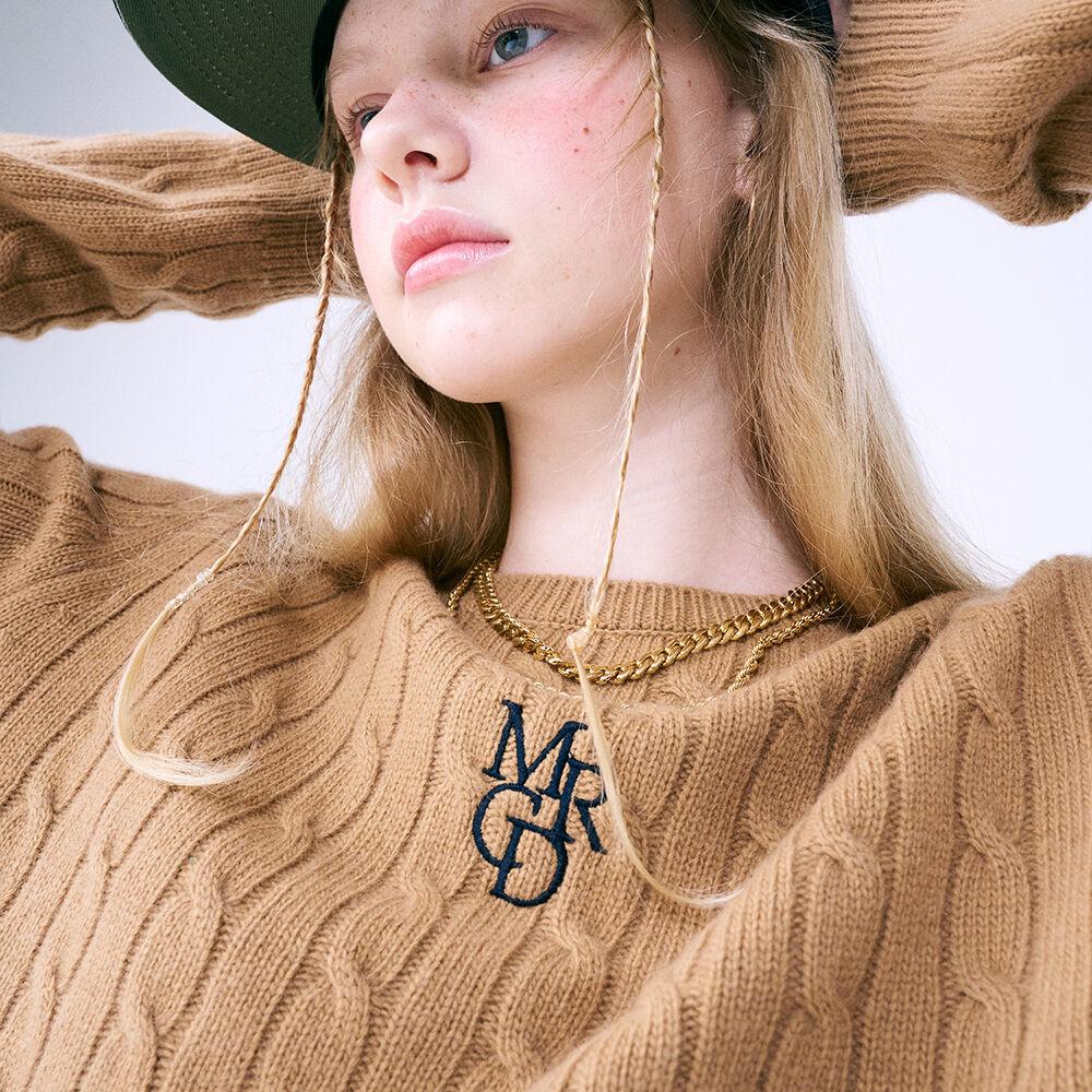 CASHMERE BLENDED CABLE CREW NECK MRCD_CAMEL NAVY