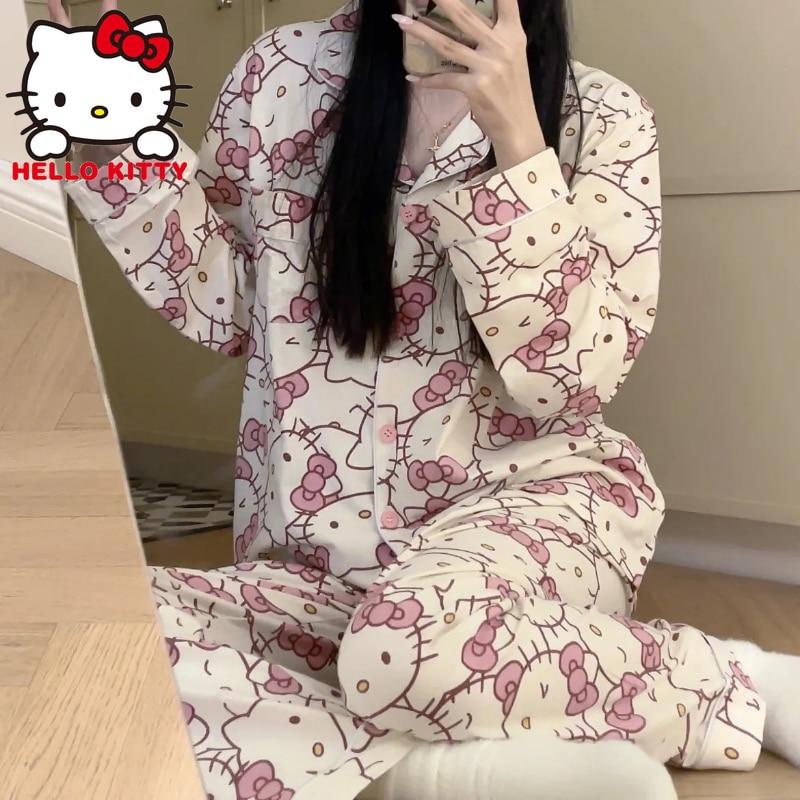 산리오 헬로 키티 가을 달콤한 소녀 잠옷 세트, 마이 멜로디 애니메이션 Y2K 일본 긴팔 바지, 학생 가정 의류, 여성 잠옷