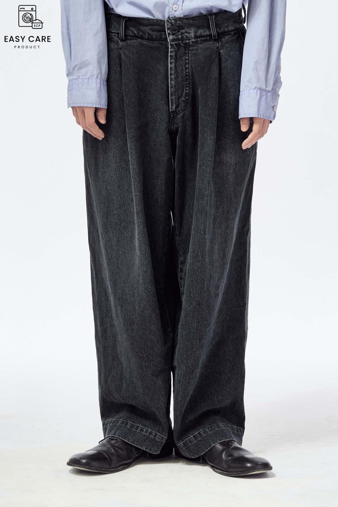BLACK OKAYAMA COTTON Y-959 LIGHT WASHED ONE TUCK WIDE DENIM (ECP GARMENT PROCESS)