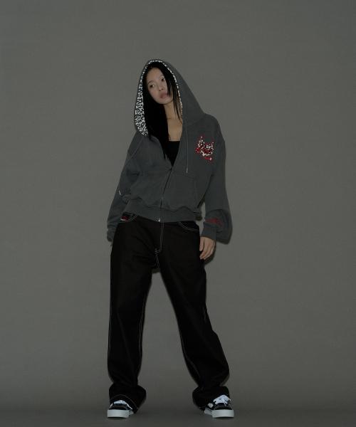 Leopard Heart Logo Hoodie Zip-Up (Washed Charcoal)