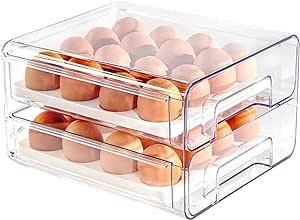 Egg Holder for Refrigerator 32 Grid Egg Basket Double Layer Egg Storage with Lids Multifunctional Food Organizer Reusable Fruit Vegetables Meal Fresh Container (Egg Container)