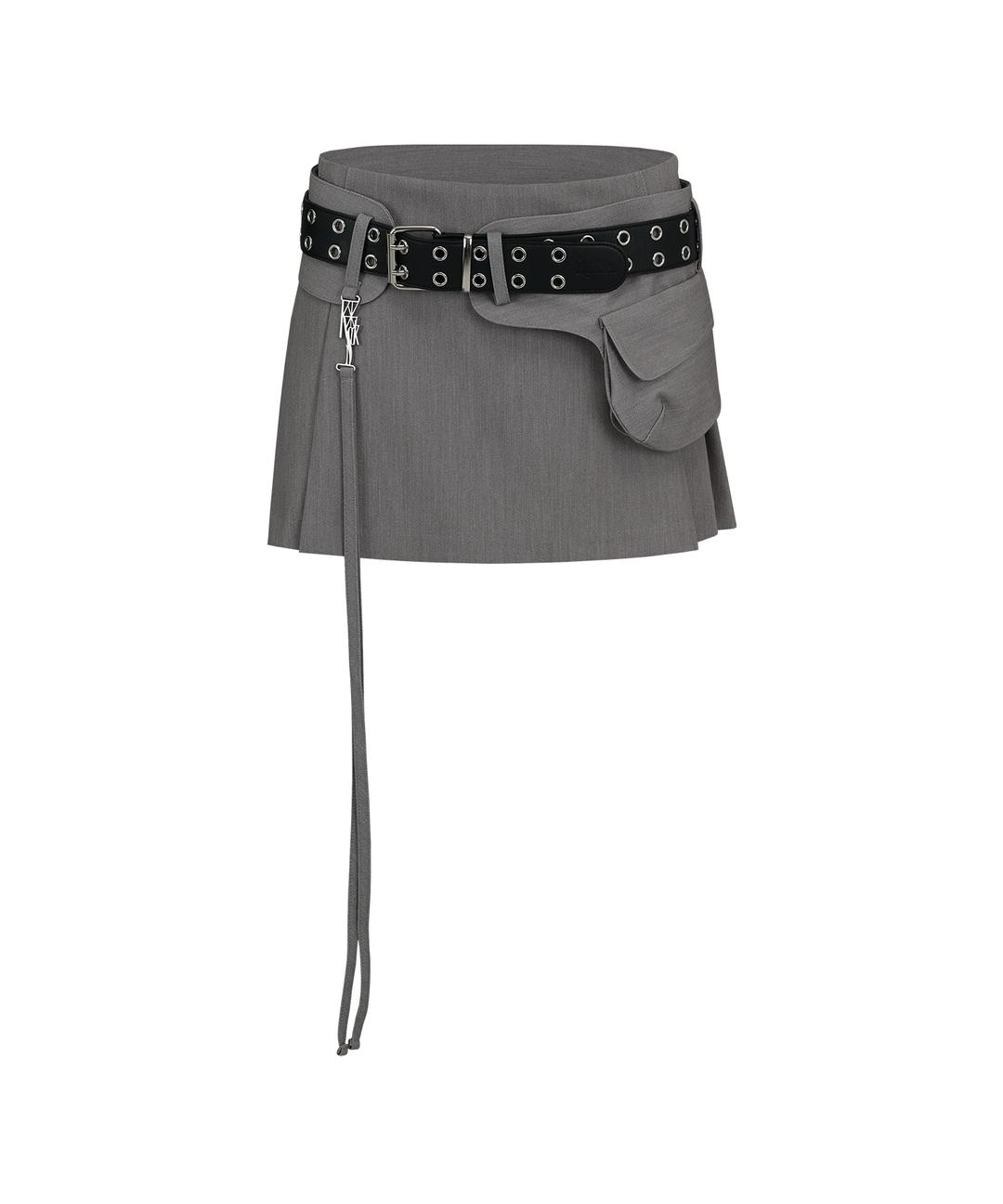 Pleats Pocket Belt Mini Skirt Gray