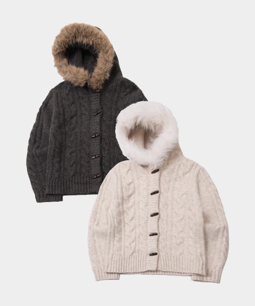 소프트 케이블 니트 토글 퍼 트리밍 후디드 가디건 자켓_2COLOR