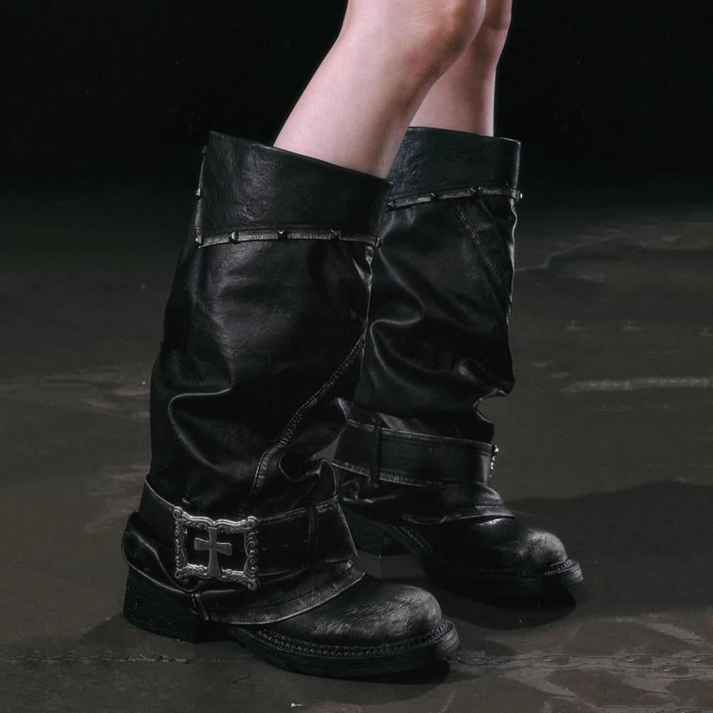 CEST NOUS 부츠 크로스 버클 벨트 블랙 브라운 접이식 PU 가죽 부츠
