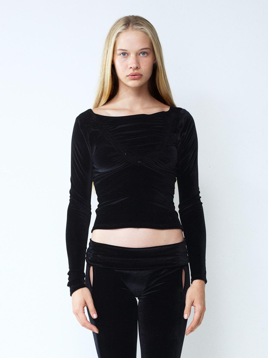 Premium velour ruched long sleeve top - black - XS (4-6)