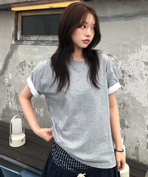 [크롭] 배색 롤업 크롭 반팔 티셔츠_멜란지 그레이