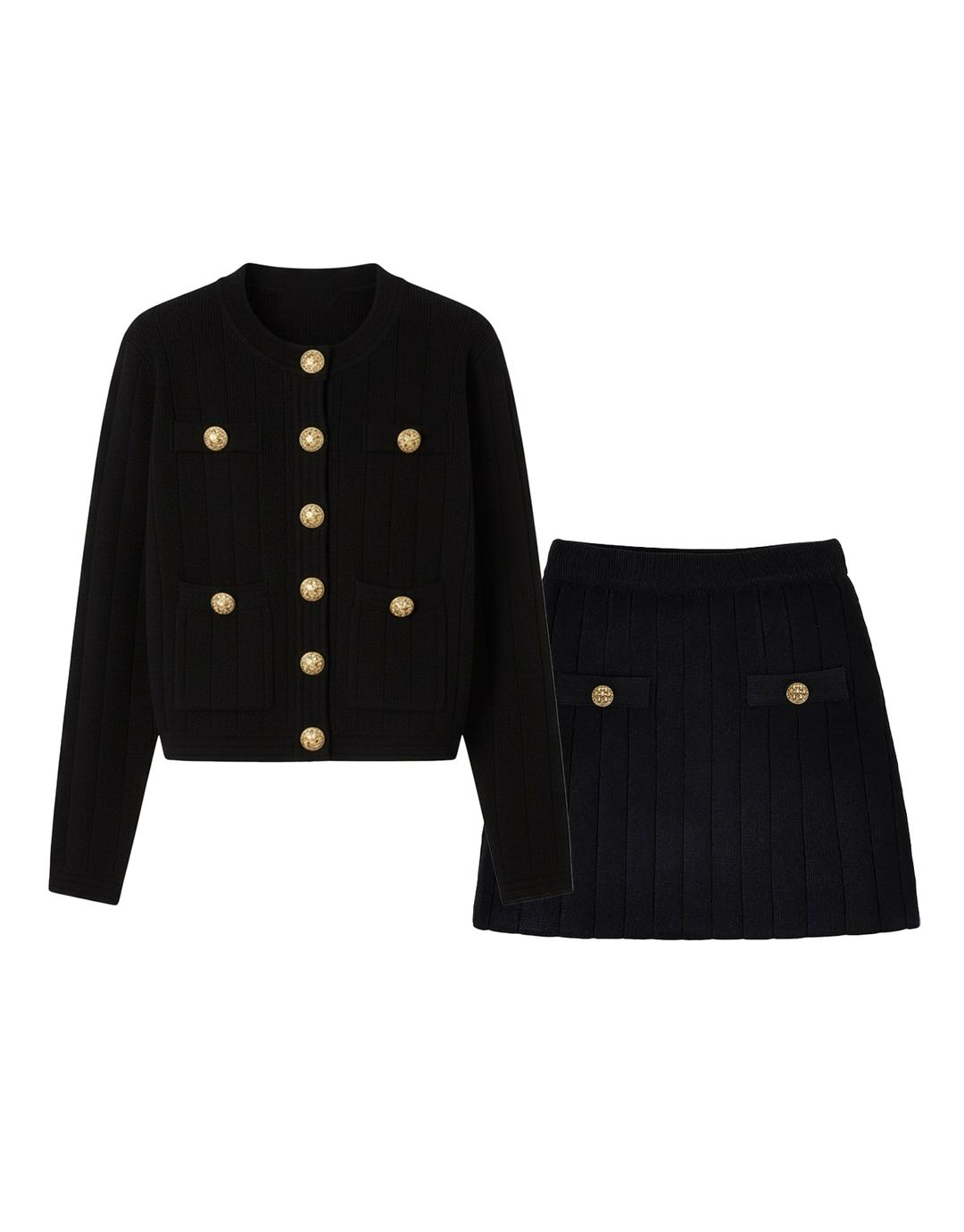 (한정기획) 데보라 라운드 금장 버튼업 포인트 니트 투피스 셋업 블랙
