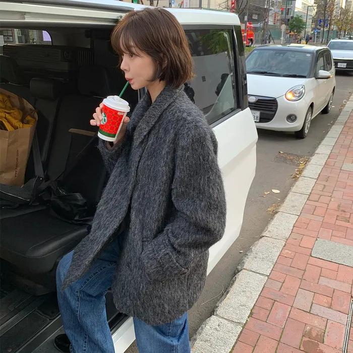 [2nd] Hairy Wool Half Coat - Charcoal