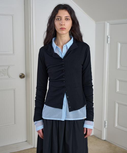 Button Shirring Jersey Top / Black