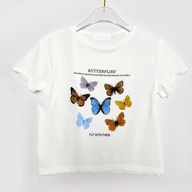 [하이틴룩] 버터플라이 반팔 크롭 프린팅 나비티 - t