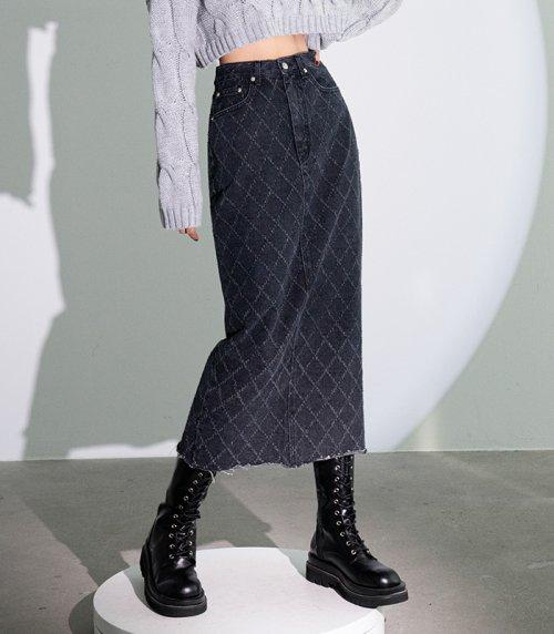 Quilting Long Denim Skirt BLACK