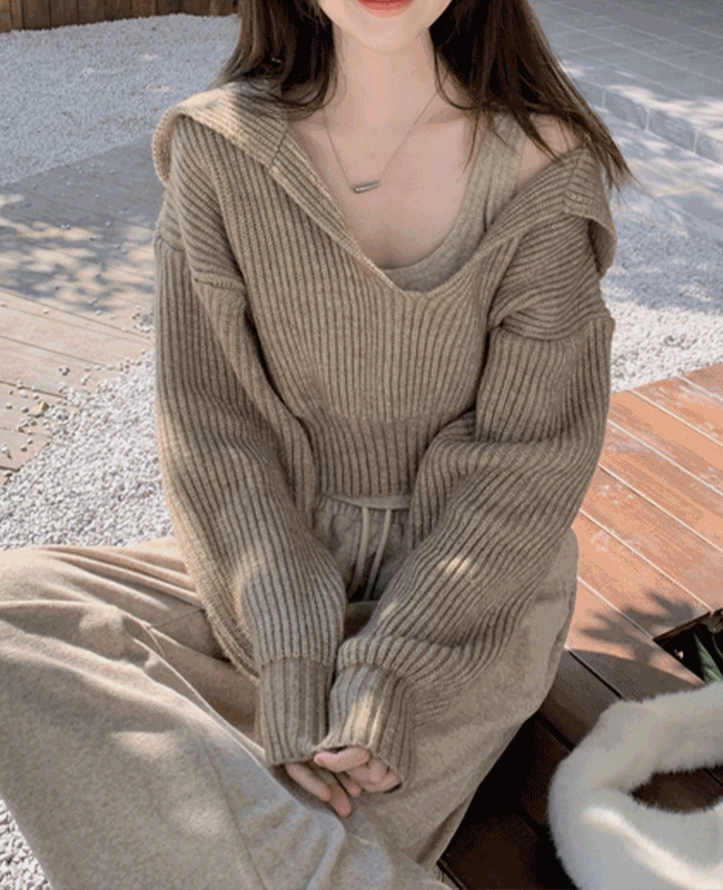오호 [당일발송:아이보리] 루즈핏 크롭니트 브이넥 오픈카라 니트 가오리 골지니트 레이어드 겨울니트 스웨터 코디세트