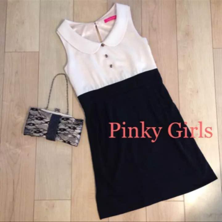 【美品】Pinky Girls☆後ろリボンバイカラーワンピース／ベージュ×黒／M