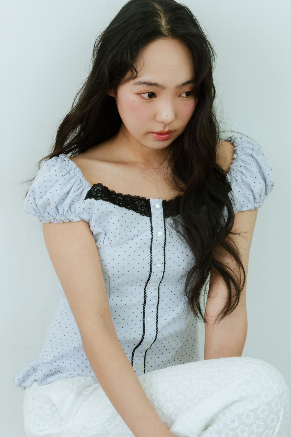 CHEEK DOT PUFF BLOUSE SCARF SET (BLUE)