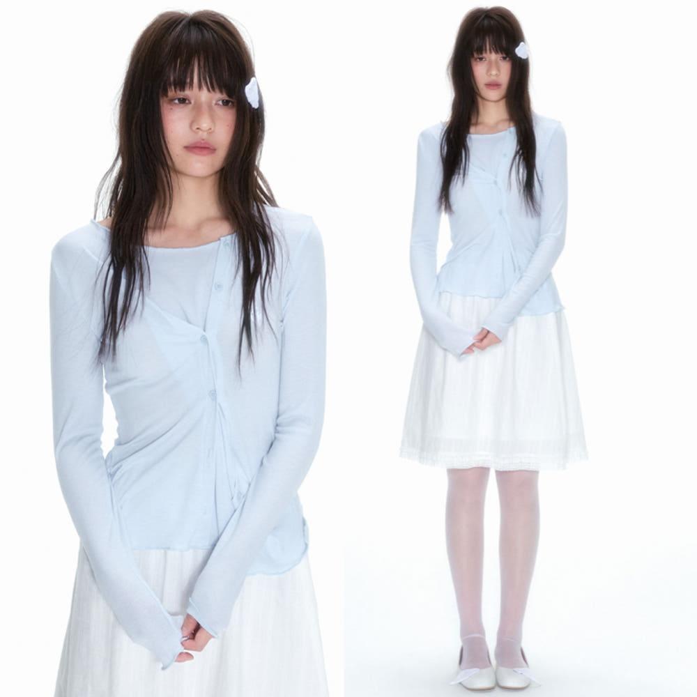 NECY STUDIO 티셔츠 페이크 투피스 가디건 스타일 긴팔티 (블랙,블루)